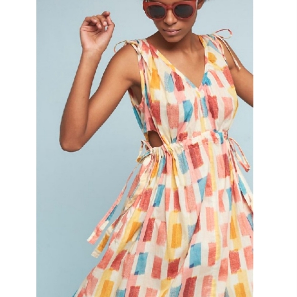 Anthropologie Cream Midi Dress with Coral, Mustard & Teal Brushstrokes